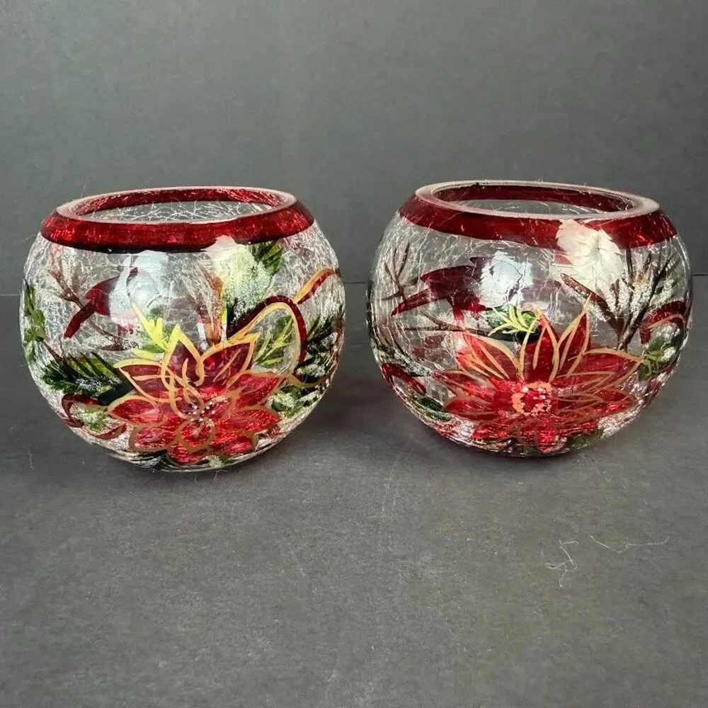 Set of 2 Crackle Glass Red Poinsettia Candle Holders